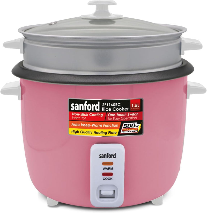 Sanford 1.5L Automatic Rice Cooker with Steamer & Keep Warm | 500W Power | Non-Stick Pot| (GREEN)