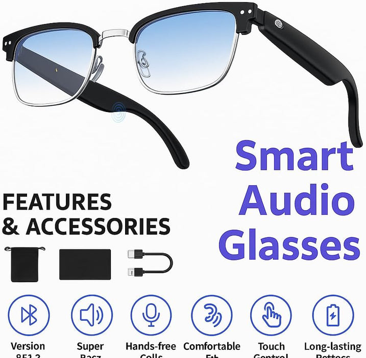 Smart Audio Glasses MG02 – Bluetooth 5.3 Touch Control Super Bass Hands-Free Calls | Open-Ear Wireless Sunglasses Lightweight Stylish Black | for iPhone Samsung Huawei, One Size