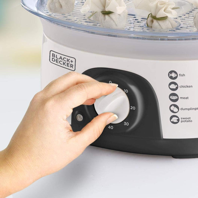 BLACK+DECKER Food Steamer,775W, 10L 3-Tier Detachable Design, Timer Control, Quick & Easy Meal Prep, Dishwasher Safe, Lightweight 1.98 Kg, 220-240V, Efficient and Compact, White - HS6000-B5