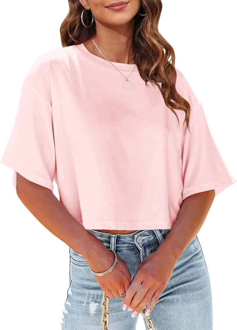 Women Half Sleeve Cropped T-Shirts Drop Shoulder Round Neck Crop Tops Casual Summer Solid Color Basic Tees - Pink