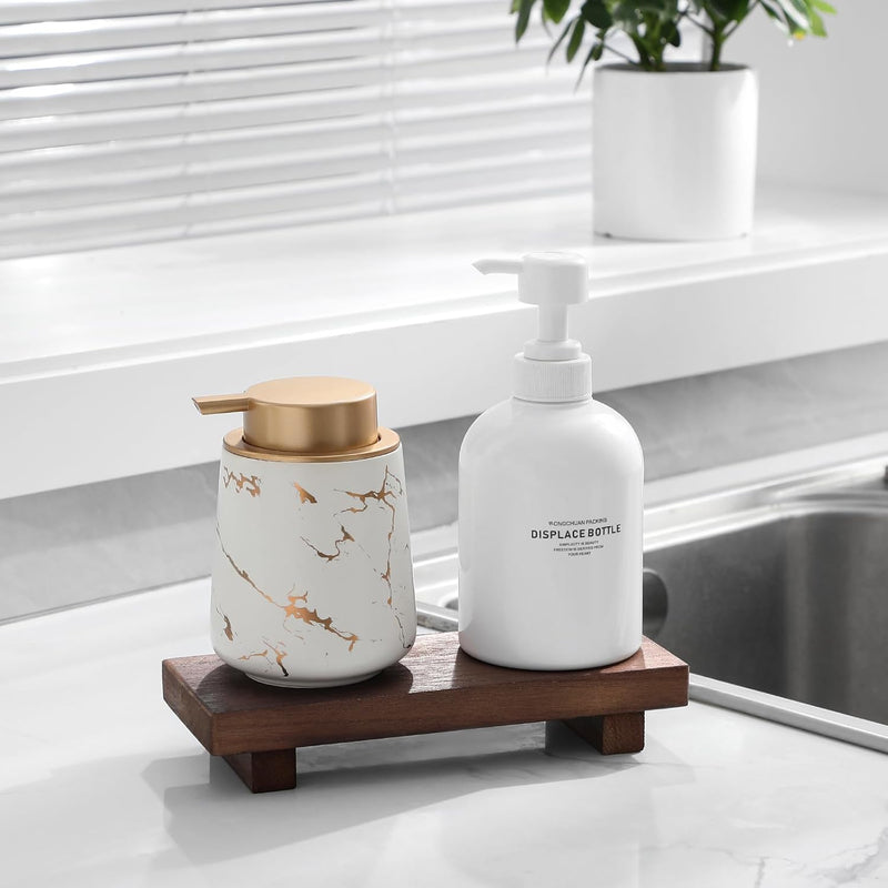 zoocatia Small Wood Tray Pedestal Stand Farmhouse Bathroom Decor Decorative Wooden Riser Kitchen Soap Dish Holder for Vanity, Counter, Sink, Brown