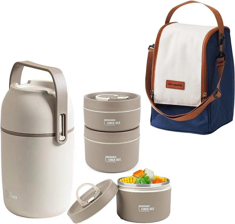 TAPIT Stainless Steel Lunch Box - Insulated Bento Box Multifunctional Containers Food Containers with 2 Compartments,Tableware, Nylon insulation bag (Grey) - 2*420ml+1*550ml+1*lunch pail-B