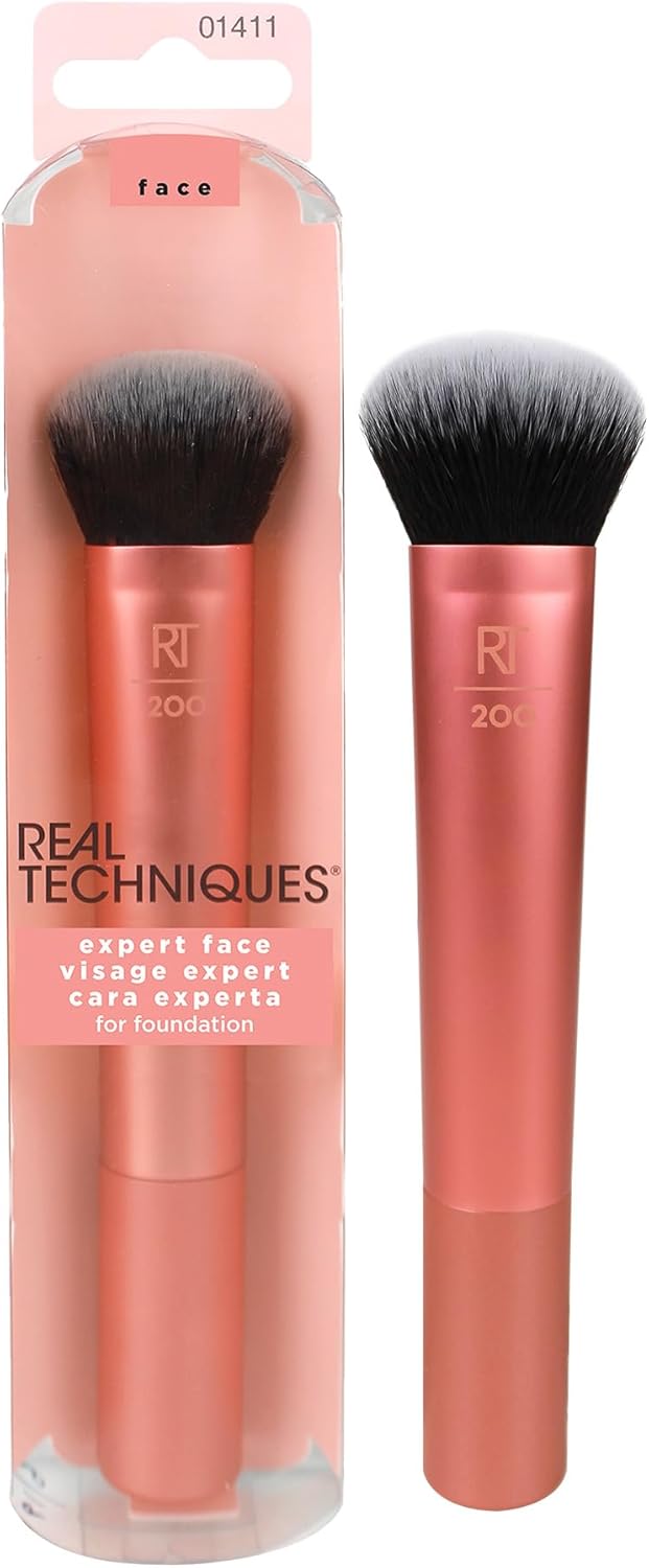 REAL TECHNIQUES Seamless Complexion Makeup Brush, Four Foundation, Primer, And Moisturizer, Makeup & Skincare Face Brush, Streakfree And Natural Finish, Orange, 1 Count
