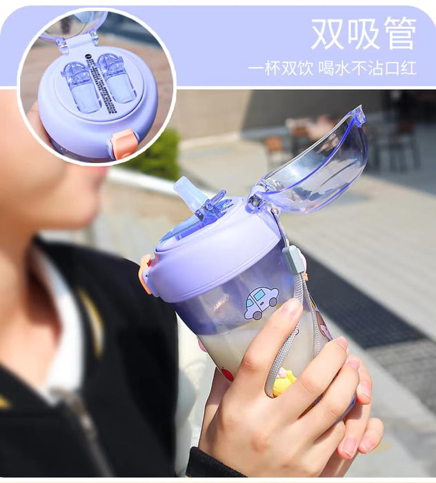 Nova Vibes Juice/Water Bottle For Kids, Double- sided Compartments 430 ml with 3D stickers and shouder- Neck Strap (Purple)