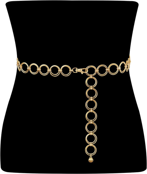 Metal Waist Chain for Women Girls, Adjustable Body Link Belt, Fashion Belly Jewelry Lady's Polished O-Ring, All Over Links Metal Link Chain for Jeans Dresses (Gold)