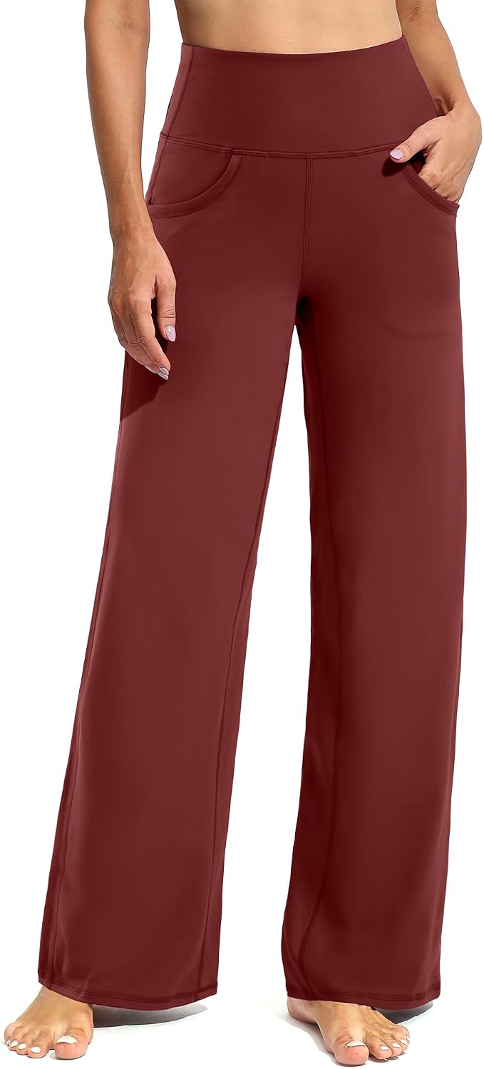 Women Yoga Pants Activewear Leggings Trousers with Pockets Stretch Loose Casual Wide Lounge Sweatpants Petite/Regular/Tall - Dark Burgundy
