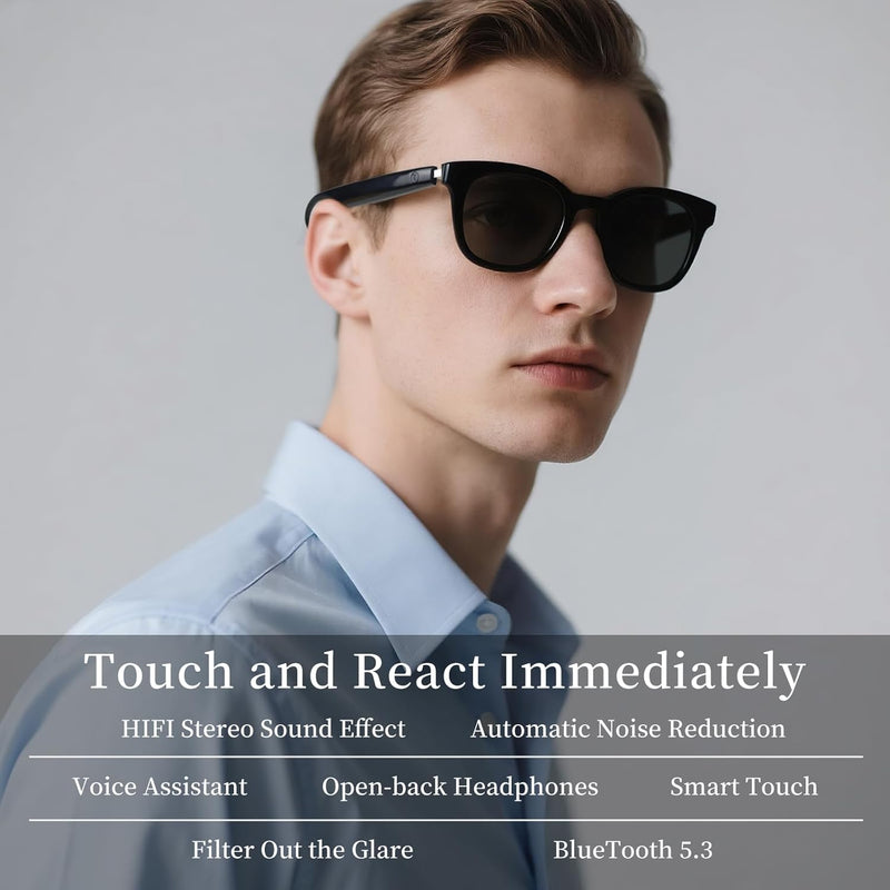 OKCSC Bluetooth Audio Sunglasses, Polarized Lenses, Semi-Open-Ear Smart Touch Eyewear for Music/Calls/Navigation, Bluetooth 5.3 Audio Eyewear, IPX5 Waterproof Indoor Outdoor Eyewear - Black