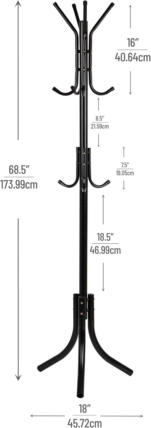 Mind Reader COATRACK11 Standing Metal Coat Rack Hat Hanger 11 Hook for Jacket, Purse, Scarf Rack, Umbrella Tree Stand, Black