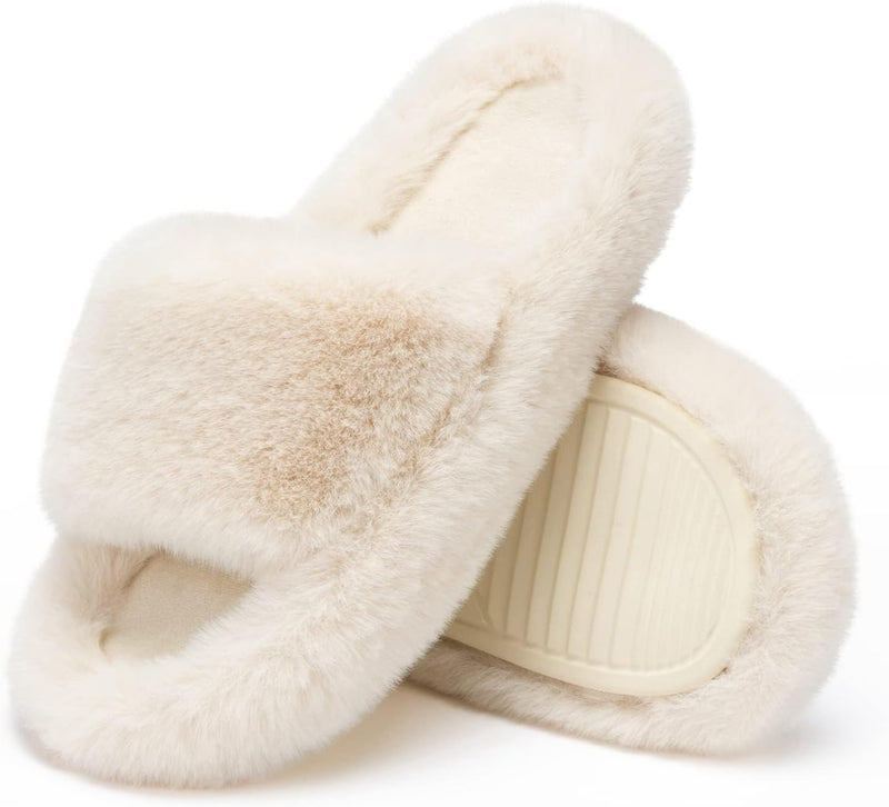 Fuzzy Slippers for Women, Memory Foam House Slippers, Platform Fluffy Slippers Fuzzy Plush Anti-Skid Furry Open toe Bedroom Shoes Faux Fur Slides for Women Trendy Womens Slippers Comfy gift (39 Size)