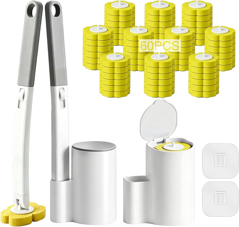 2 Pack Disposable Toilet Brush and Holder Set,Extended Handle with 60 Cleaner Refills Toilet Brush for Toilet Bowl Cleaners,Bathroom Cleaning, Bathtub -PurpleLavender Flavor - Yellow