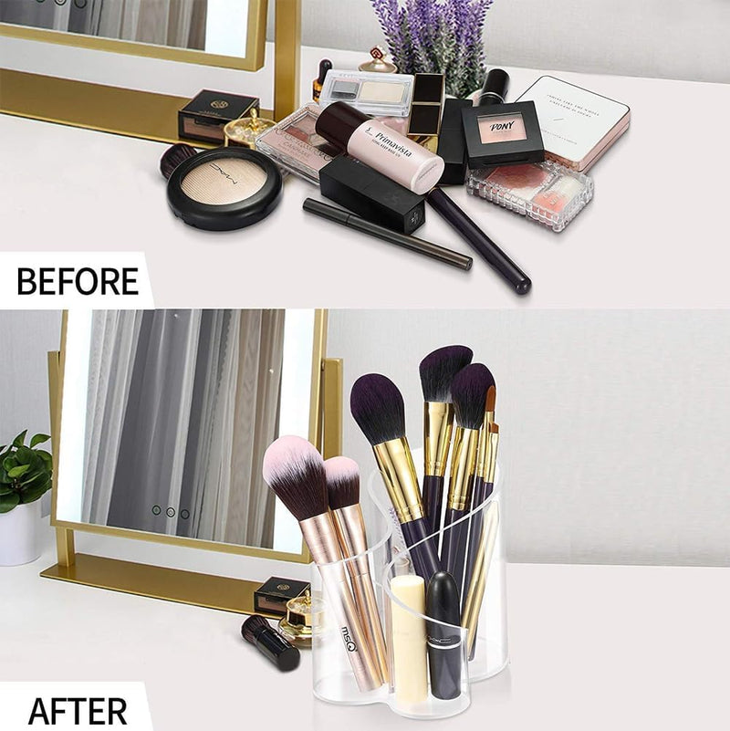 AMERTEER Makeup Brush Holder, Makeup Brush Organizer, Acrylic Makeup Organizers,3 Slots Makeup Organizer Pot, Circular Clear Acrylic Make Up Brush Organization Vanity Bathroom Bedroom Office Table Top