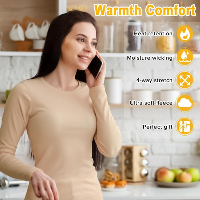 Women Thermal Underwear Set,Ladies' Tops and Pants,Thickened with Velvet,Round Neck Thermal Underwear,Soft and Skin Friendly,Suitable For Daily Wear and Outdoor Sports Matching