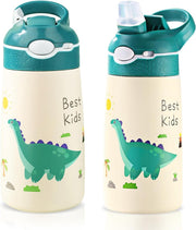 400ml Stainless Steel Water Bottle for Kids, Children's Drinking Bottle, Portable Leakproof BPA-Free Dinosaur Straws Water Bottle for School Outdoor Sports Travel (Green - Little Dinosaur) - Green - Little Dinosaur