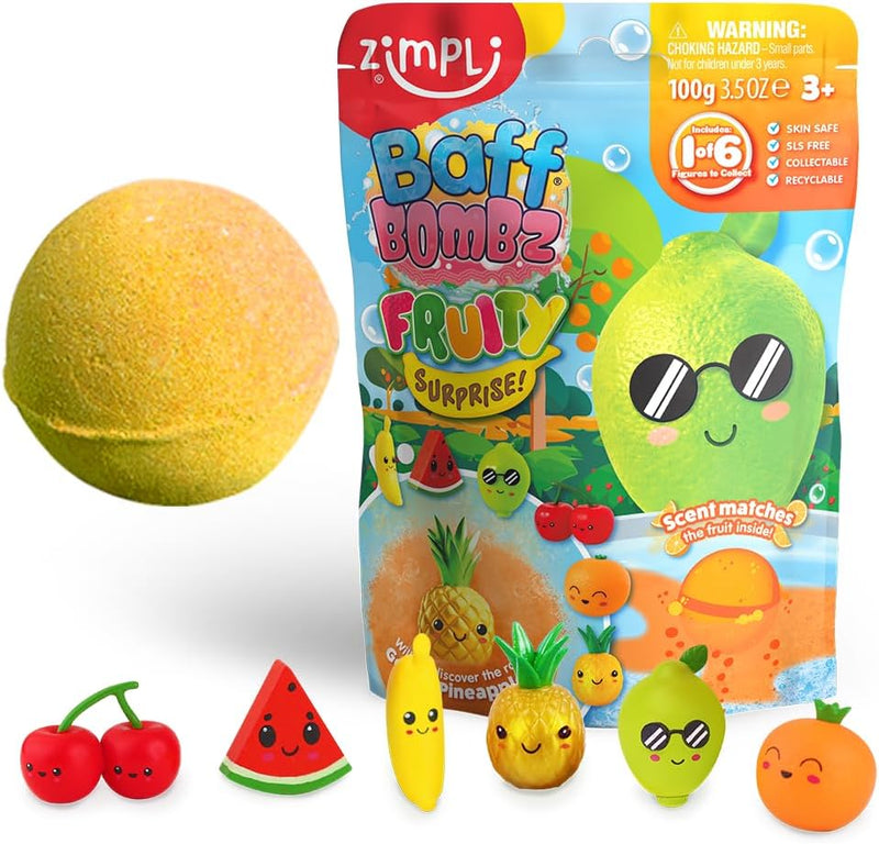 Zimpli Bath Bomb Large Fruity Surprise for Children, 6 Surprise Fruit Toys to Collect, One for Bath Bomb, Collectible Toy, Bath Bomb Gift - Grande