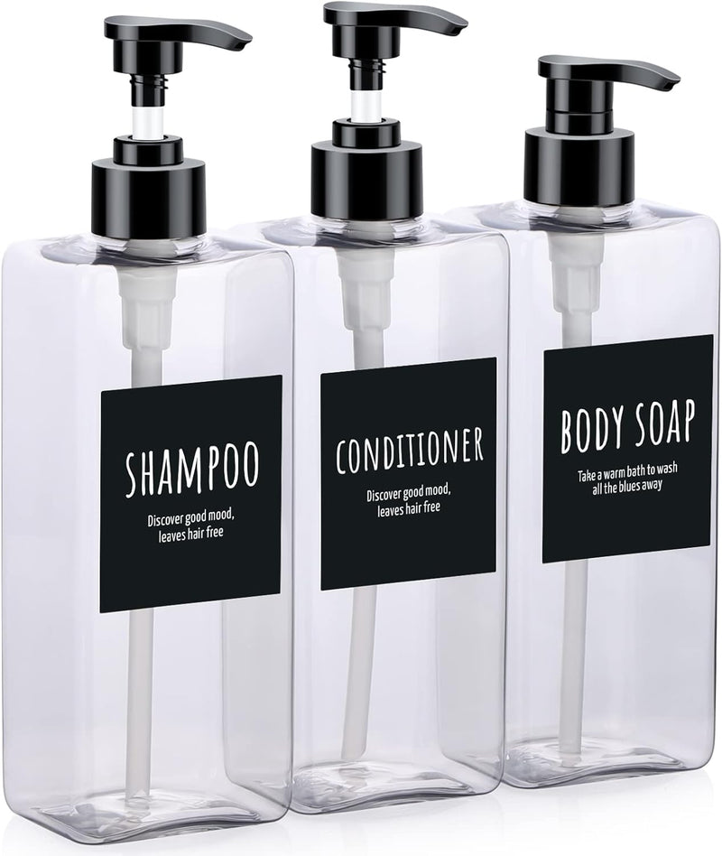 Segbeauty Shampoo and Conditioner Dispenser Refillable, 3pcs 16.9oz Shower Bottles Soap Dispenser with Labels, 500ml Empty Plastic Square Pump Bottle Dispenser Body Wash Containers for Bathroom Black - Clear 500ml
