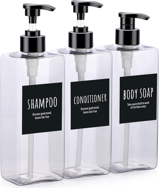 Segbeauty Shampoo and Conditioner Dispenser Refillable, 3pcs 16.9oz Shower Bottles Soap Dispenser with Labels, 500ml Empty Plastic Square Pump Bottle Dispenser Body Wash Containers for Bathroom Black - Clear 500ml