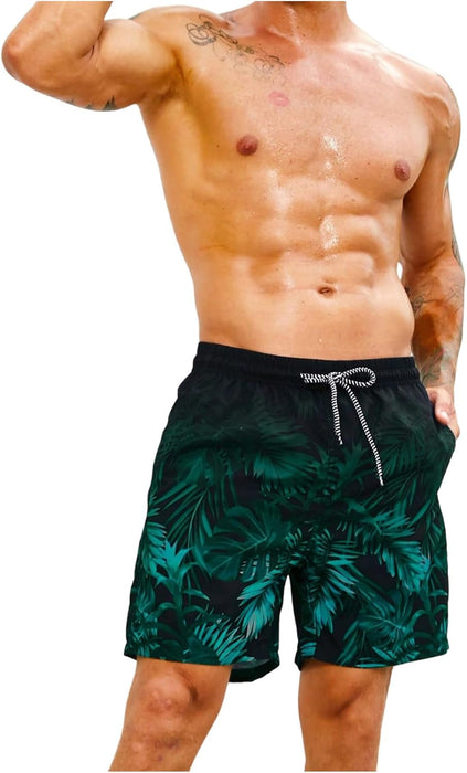 GORGLITTER Men's Drawstring Elastic Waist Tropical Print Swim Trunks Slant Pocket Summer Shorts