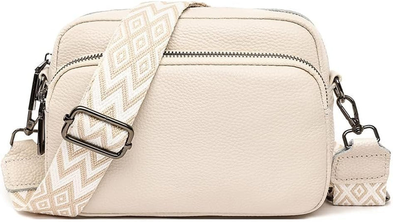 Crossbody Bag for Women, Small Leather Camera Purse Thick Strap Cross-body Bags, Triple Zip Shoulder Bag with Guitar Strap