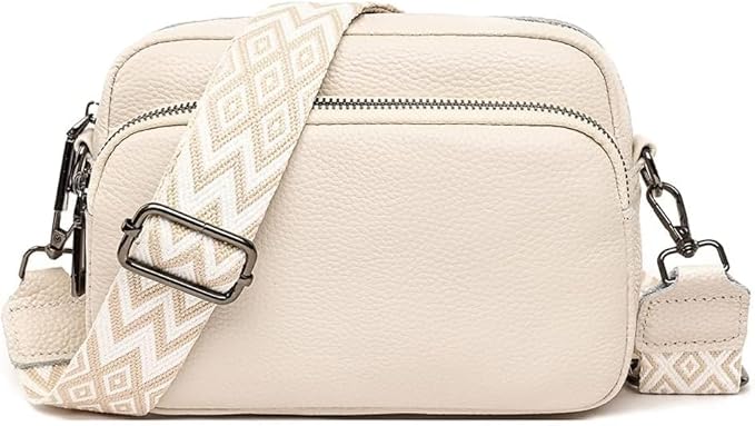 Crossbody Bag for Women, Small Leather Camera Purse Thick Strap Cross-body Bags, Triple Zip Shoulder Bag with Guitar Strap