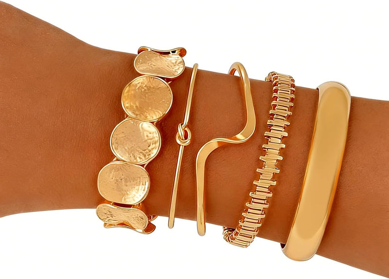 Gold Bangle Bracelets for Women Gold Plated Chunky Cuff Bangle Bracelet Stackable Multi Layer Bangles Fashion Jewelry Set