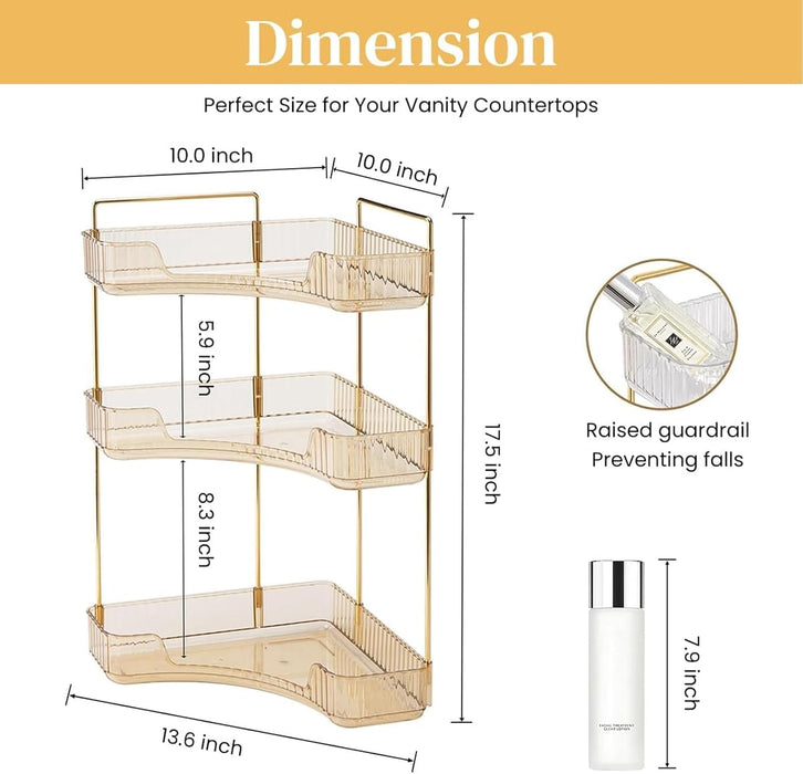 HANNEA® Makeup Organizer, 3 Tier Countertop Cosmetic Shelf Skincare Organizer Stand Corner Counter Storage Holder Clear Acrylic Vanity & Bathroom Organizer Capacity for Lotion, Jewelry, Makeup