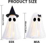 Light Up Halloween Scary Ghost Decorations, Set of 2 DIY Spooky Crafts for Indoor Home Mantel Shelf & Tabletop Decor White - White