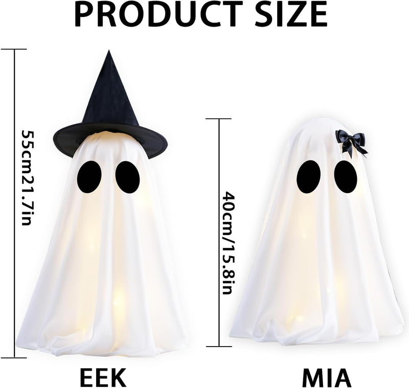 Light Up Halloween Scary Ghost Decorations, Set of 2 DIY Spooky Crafts for Indoor Home Mantel Shelf & Tabletop Decor White - White