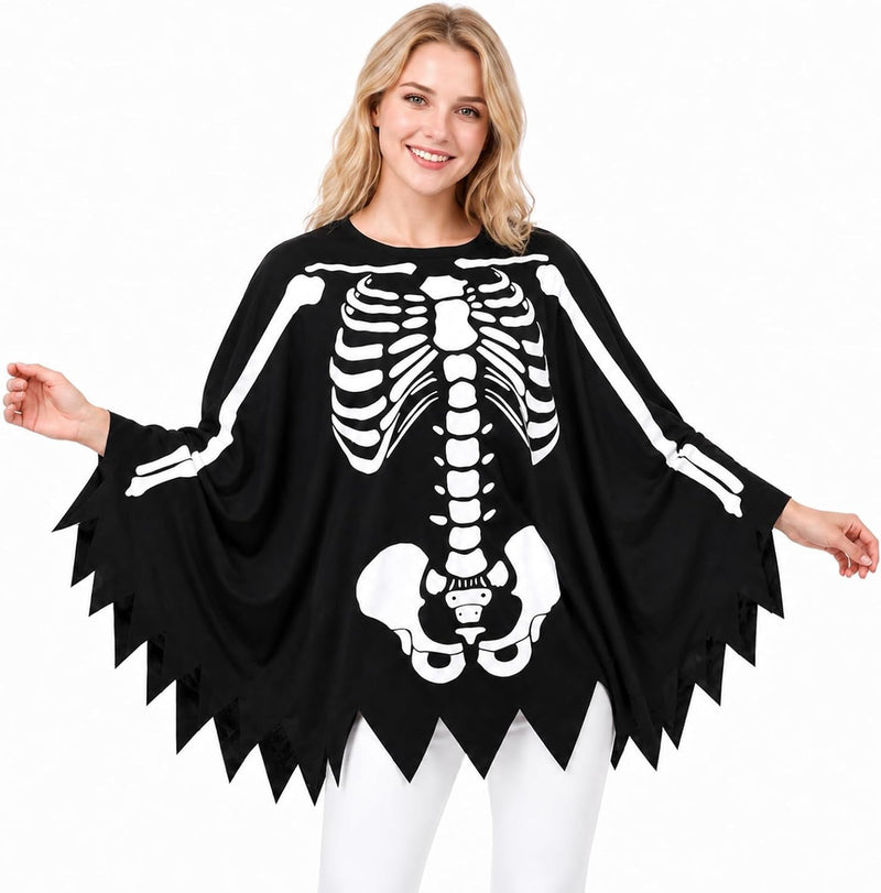 Halloween Costume for Adults, Skeleton Costume with Cape, Spooky Dress-Up Outfit for Women and Men, Halloween Parties and Cosplay - black