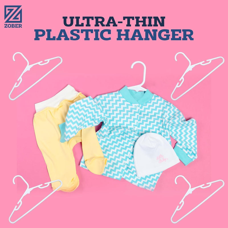 ZOBER Plastic Baby Hangers Non-Slip Toddler & Kids Hangers Durable, Lightweight, Slim & Space-Saving Perfect for Shirts, Pants, Outerwear Holds Up to 5.5 lbs Closet Organization(10Pack, White)