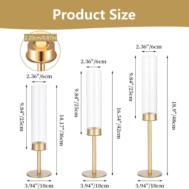 Angju Gold Candlestick Holder Tall Hurricane Candle Holder Set of 3, Taper Candle Holders Candle Stand Glass Cover Candlesticks Holders Table Centerpiece for Wedding Party Birthday Christmas Decor