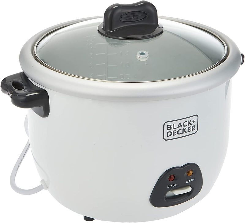 BLACK+DECKER Rice Cooker, 400W, 1L Capacity, Removable Nonstick Bowl, Steaming Tray, Glass Lid, Cool-Touch Design, Auto Warm Function, Water Level Indicator, Quick Meals, 220-240V, White - RC1050-B5 - 1.8ltr