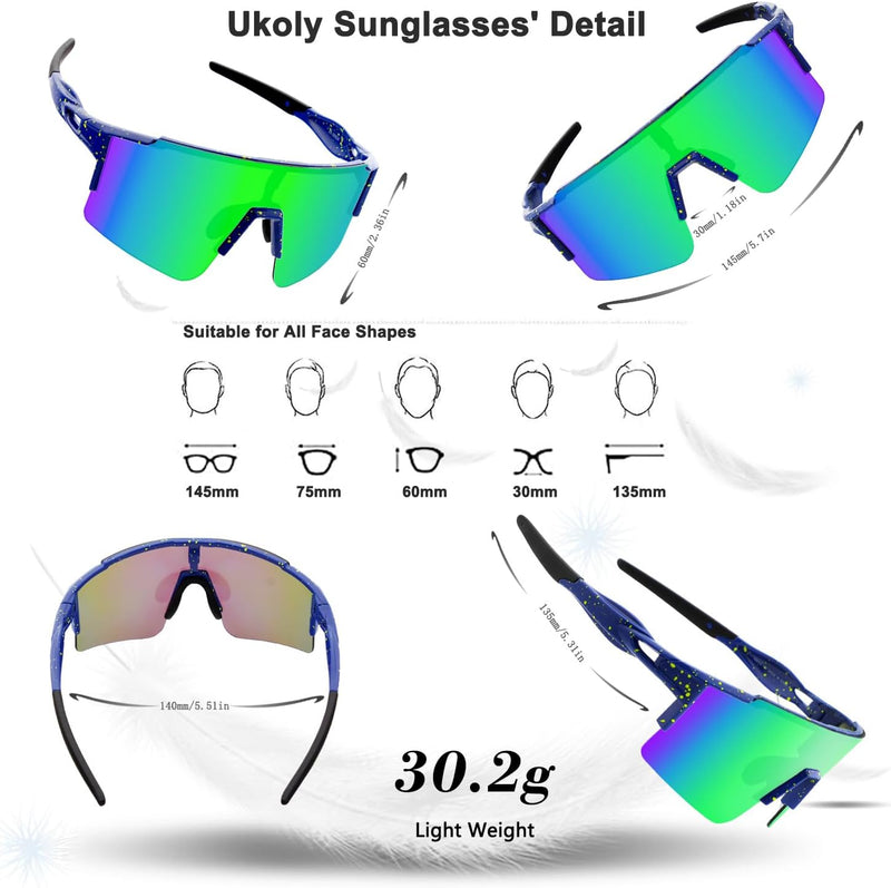 Ukoly Cycling Sunglasses for Men Women with 3 Interchangeable Lenses, Polarized Sports Sunglasses, Baseball Sunglasses