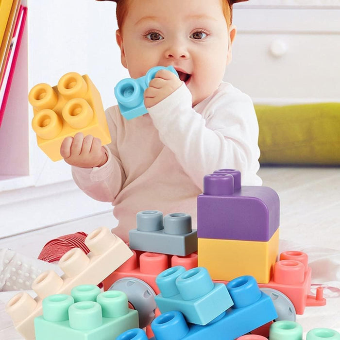 AMERTEER Soft Rubber Building Block Early Educational Toy Can Be Boiled And Bitten And Build A Preschool Education Sensory Stacking Rock Suitable For Baby 1-3 Years Old Blocks Toy Storage Bucket 50Pcs