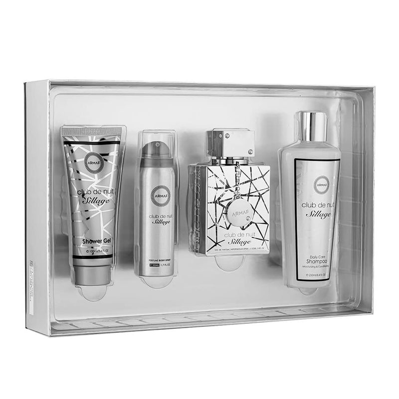 Armaf Club De Nuit Sillage Man 4 Pieces Gift Set For Men, Eau De Parfum 105ml, Perfumed Body Spray 50ml, Hair Shampoo 250ml, Body Shower Gel 100ml, Giftset, For Him, Silver, Perfumes for men