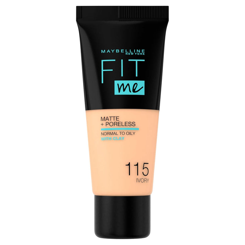 Maybelline New York Liquid Foundation, Matte & Poreless, Full Coverage and Blendable, Normal to Oily Skin, Fit Me, 115 Ivory