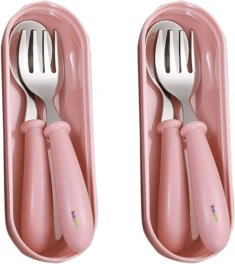 Kids Cutlery Set with Case, Stainless Steel Spoon & Fork for Children, Round Edge BPA Free Tableware for School Lunch Box, Picnic, Travel (Pack of 1, Blue) - Pink 2