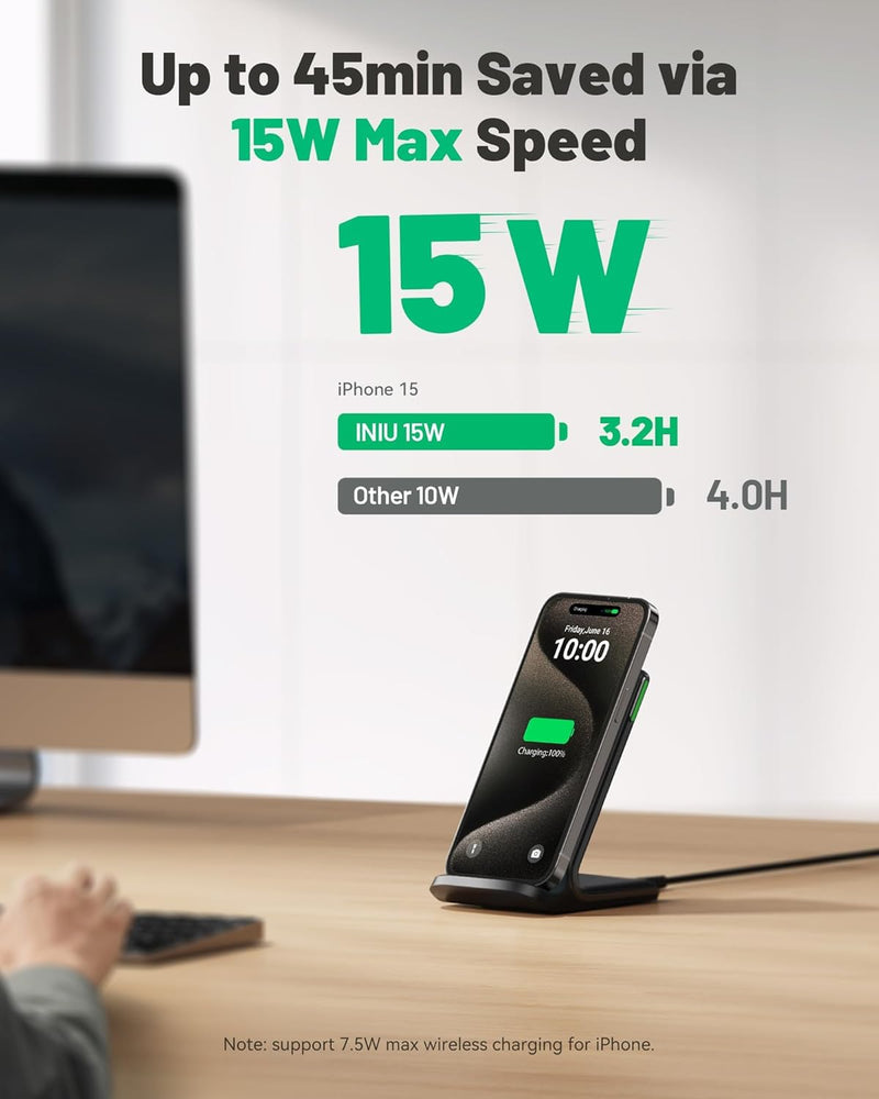 INIU Wireless Charger Stand, 15W Qi Certified Fast Wireless Charging Station with Sleep-Friendly Adaptive Light for iPhone 17 16 15 14 13 12 Pro Max Samsung Galaxy S25 S24 S23 Note 20 Google etc. - 1 Pack