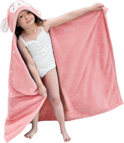 YumLock Kids Beach Towel for Boys Girls, 70x140cm, Absorbent Coral Fleece Bath Towel Wrap for 3-10 Year Olds, Toddler Pool Towel with Hood, Durable Star Design, Pink - Bunny Pink