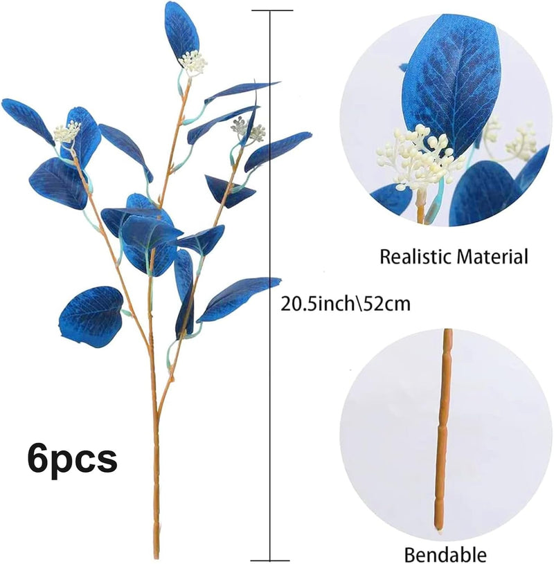 GTIDEA 6pcs Faux Eucalyptus Stems Blue Artificial Eucalyptus Leaves Spray Greenery Stems Branches with Seeds Silver Dollar Eucalyptus Plant for Home Kitchen Indoor Vase Flower Arrangement Decor