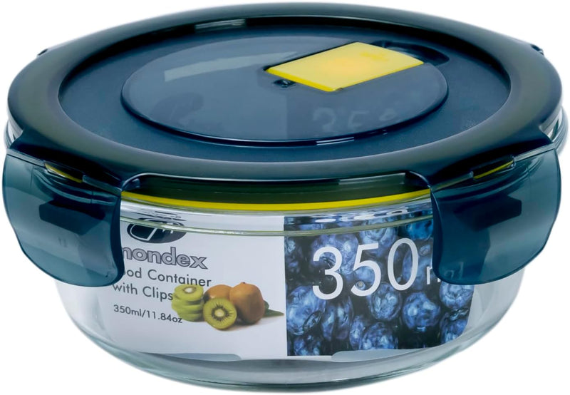 Mondex Borosilicate Glass Round Food Saver with food Storage Container Lunchbox 600ml Capacity, Openable and Secure Air Vent, Silicone Seal, Plastic Lid - Round 350ml