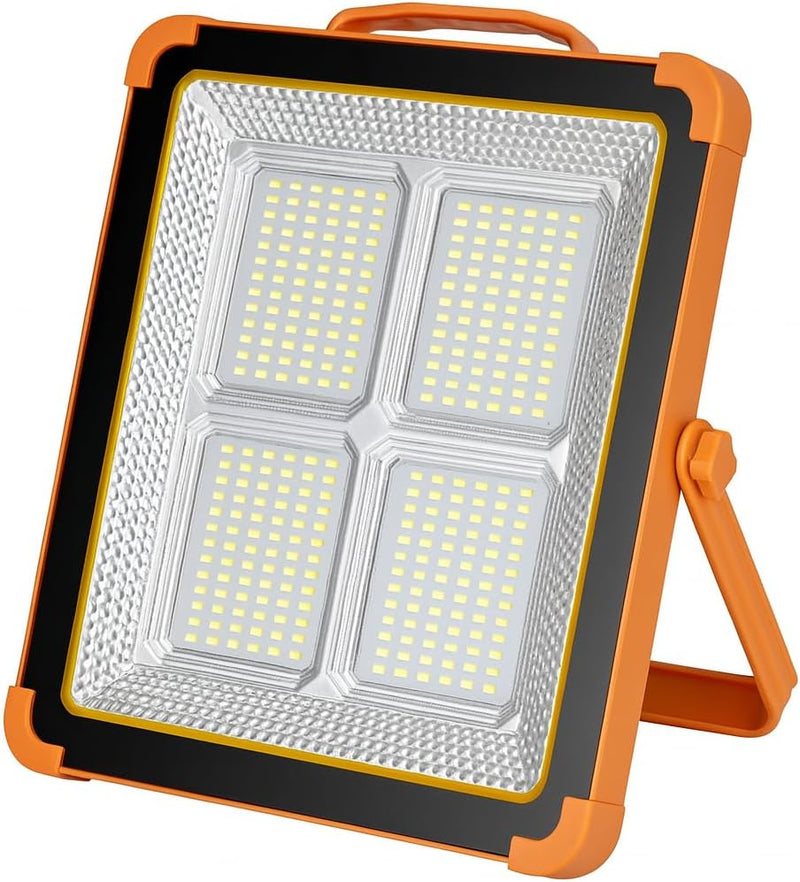 Fitto Rechargeable LED Work Light with Solar Panel, Portable Outdoor Floodlight with USB Charging & Waterproof Design, Adjustable Brightness for Camping, Emergency, Garage, and Job Site Lighting