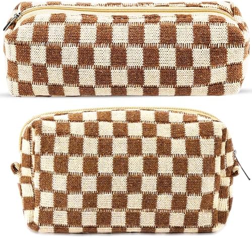 ZLFSRQ 3Pcs Checkered Makeup Bag for Women Large Cosmetic Bag Set Travel Toiletry Bag Makeup Pouch Bag for Purse Pink Zipper Storage Bag Organizer Cute Small Aesthetic Girls Car Essentials Bag