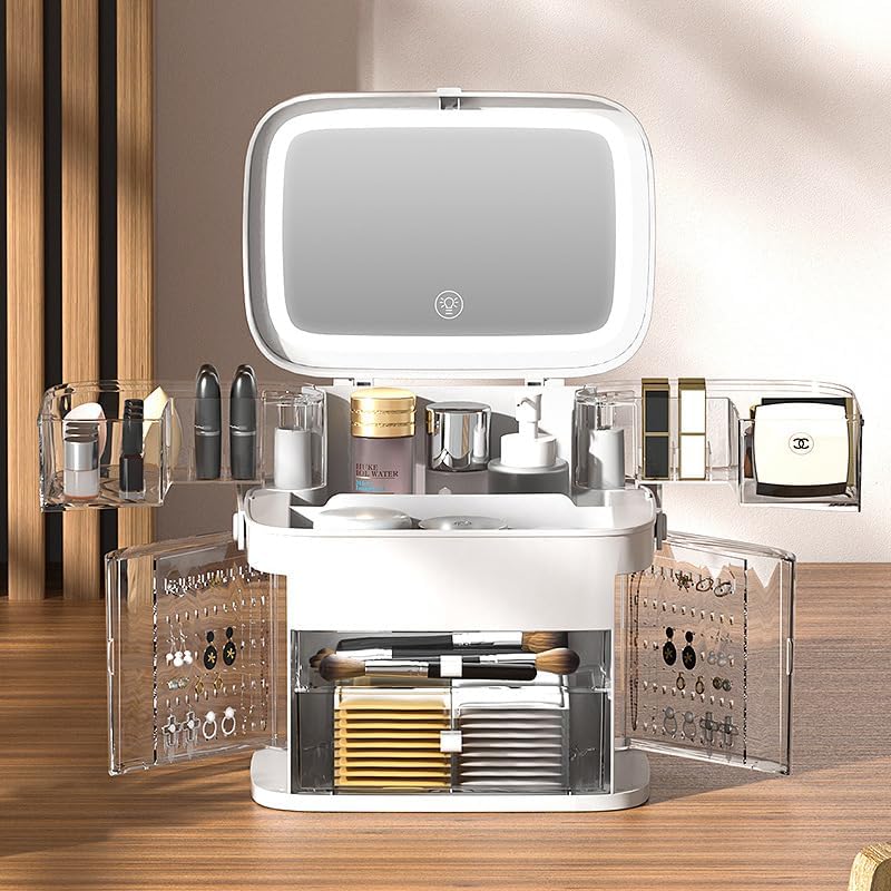 TAPIT Acrylic Clear Makeup Organizer and Storage Stackable Extra Large Skin Care Cosmetic Display Case with Pulley Makeup Accessories Beauty Skincare Product Organizer (White)