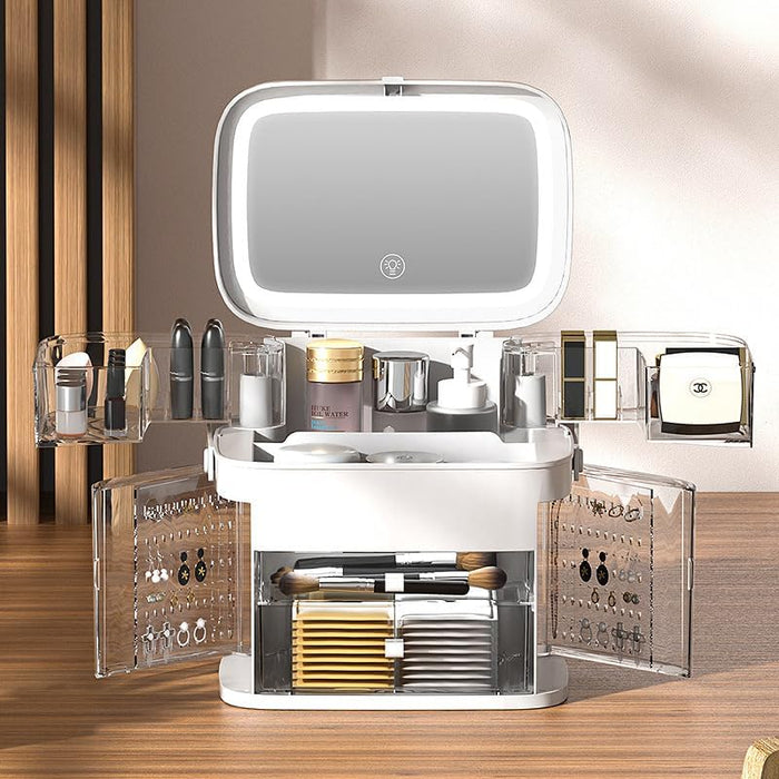 TAPIT Acrylic Clear Makeup Organizer and Storage Stackable Extra Large Skin Care Cosmetic Display Case with Pulley Makeup Accessories Beauty Skincare Product Organizer (White)