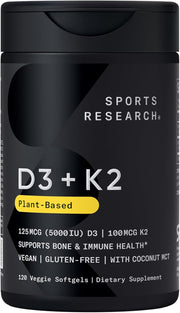 Vitamin D3 + K2 w/Coconut Oil - Vegan Vitamin D 5000iu & Mk7 Vitamin K 100mcg for Bone & Immune Support - Vegan Certified Non-GMO Soy Free - 120 Softgels