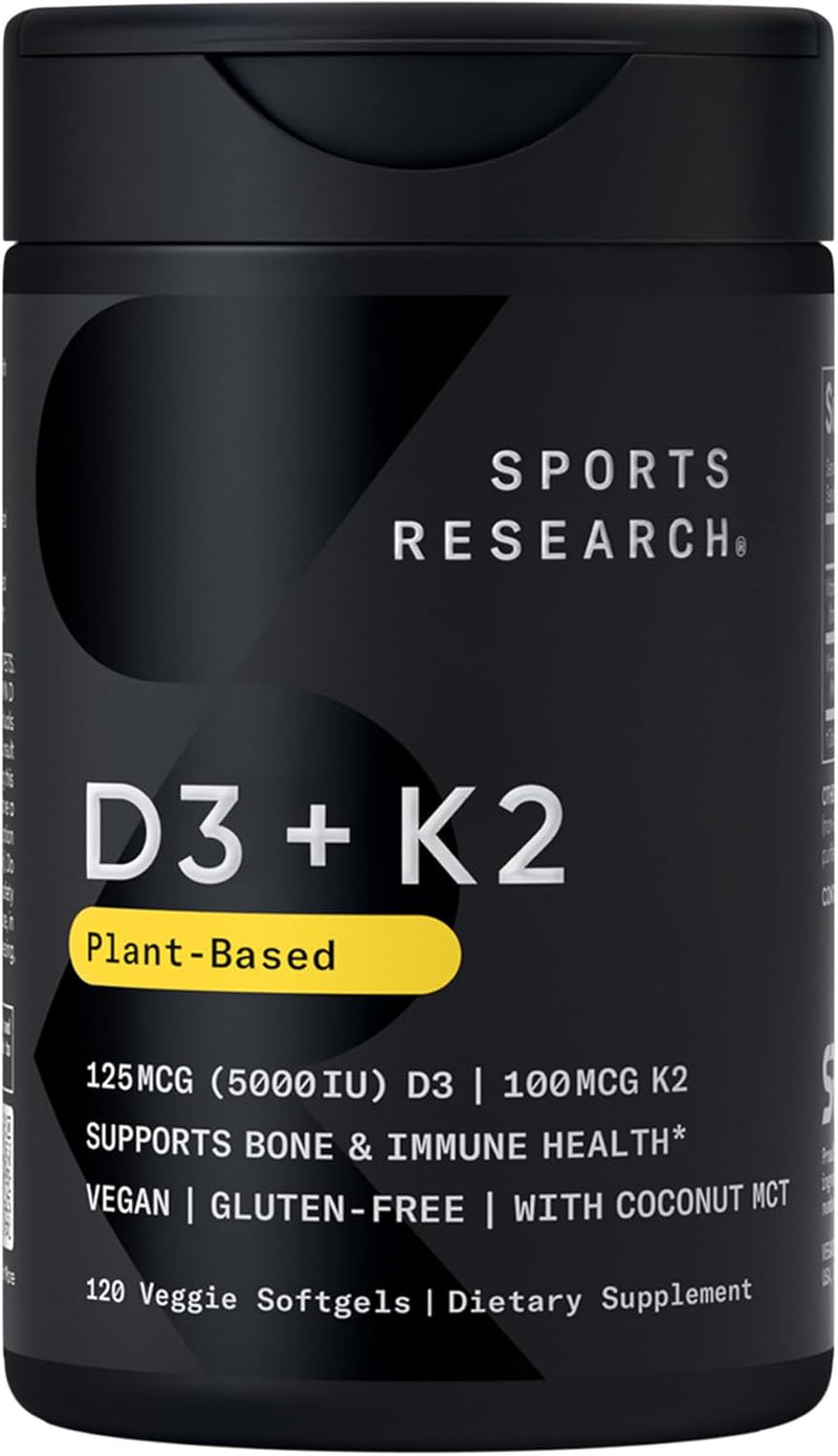 Vitamin D3 + K2 w/Coconut Oil - Vegan Vitamin D 5000iu & Mk7 Vitamin K 100mcg for Bone & Immune Support - Vegan Certified Non-GMO Soy Free - 120 Softgels