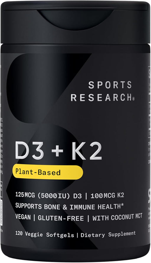Vitamin D3 + K2 w/Coconut Oil - Vegan Vitamin D 5000iu & Mk7 Vitamin K 100mcg for Bone & Immune Support - Vegan Certified Non-GMO Soy Free - 120 Softgels