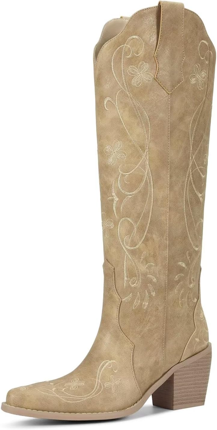 Platform Boots for Women, Heeled Combat Boots Chunky Heel Booties Round Toe Lace Up High Heel Ankle Boots - Gentle Cream Apricot Floral