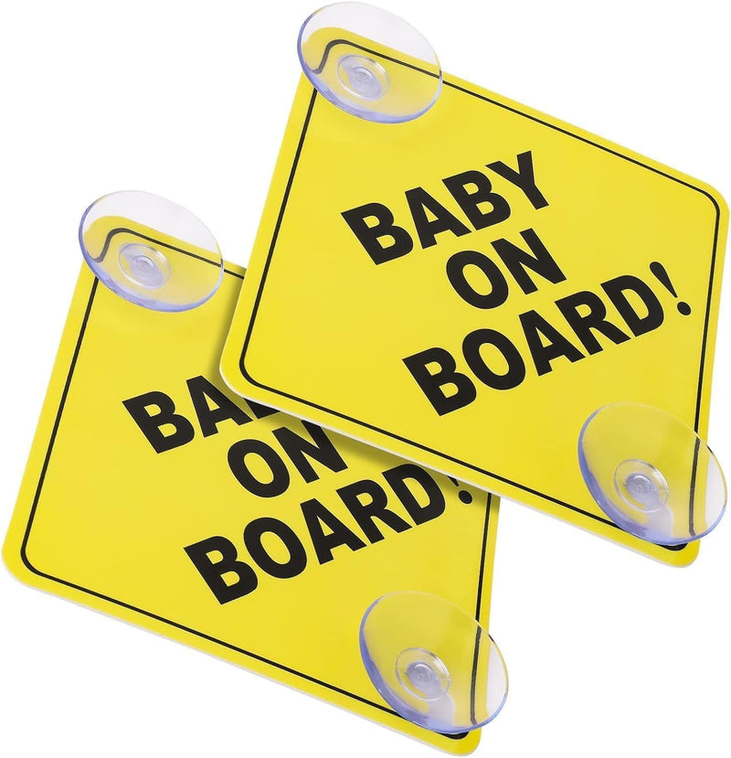 McMola Baby on Board Car Warning Signs, 2 Pcs 5"x5" Safety Car Sign with Double Suction Cups, Baby in Car Sticker for Car Window Cling Reusable Durable Baby on Board Sticker Decal(Style-A)