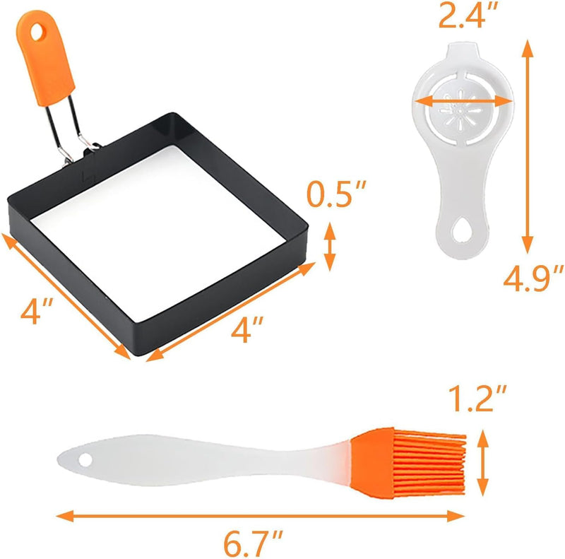 4 Inch Square Egg Rings with Foldable Silicone Handle, Non Stick Stainless Steel Egg Molds for Frying, Breakfast Sandwich Omelet Shaper for Pancakes & Muffins, 2 Pack